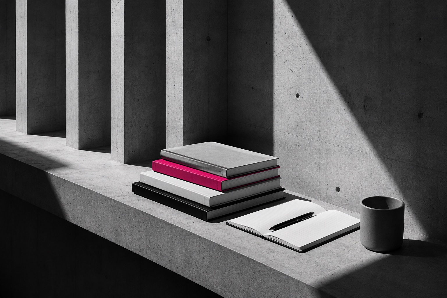 Books and an open notebook in a concrete architectural space with a magenta accent