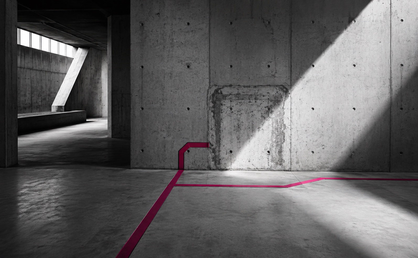 Magenta path following an outdated route around a removed obstacle in a concrete structure.