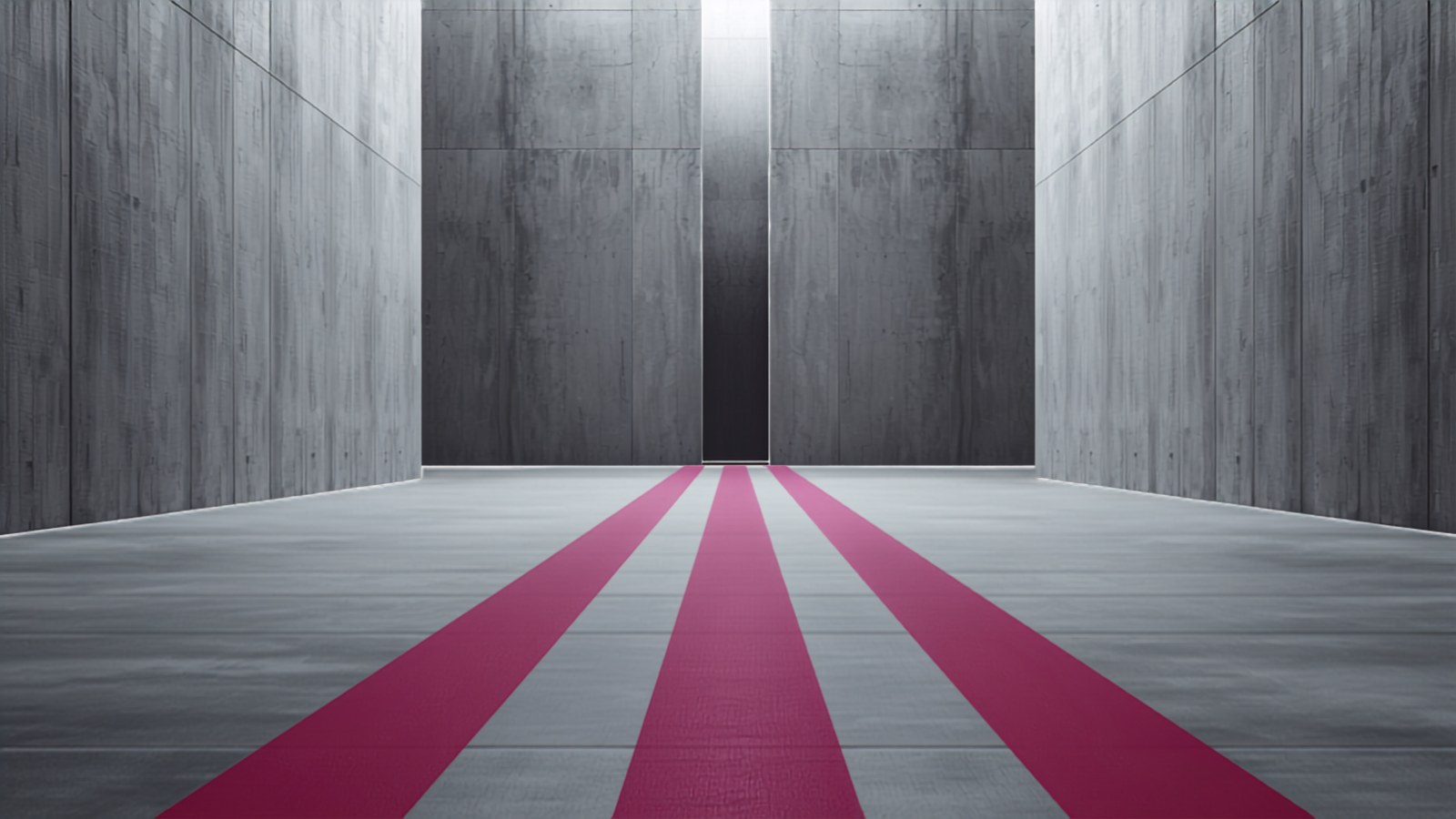 Several magenta lines converging into a single narrow opening in a concrete wall.
