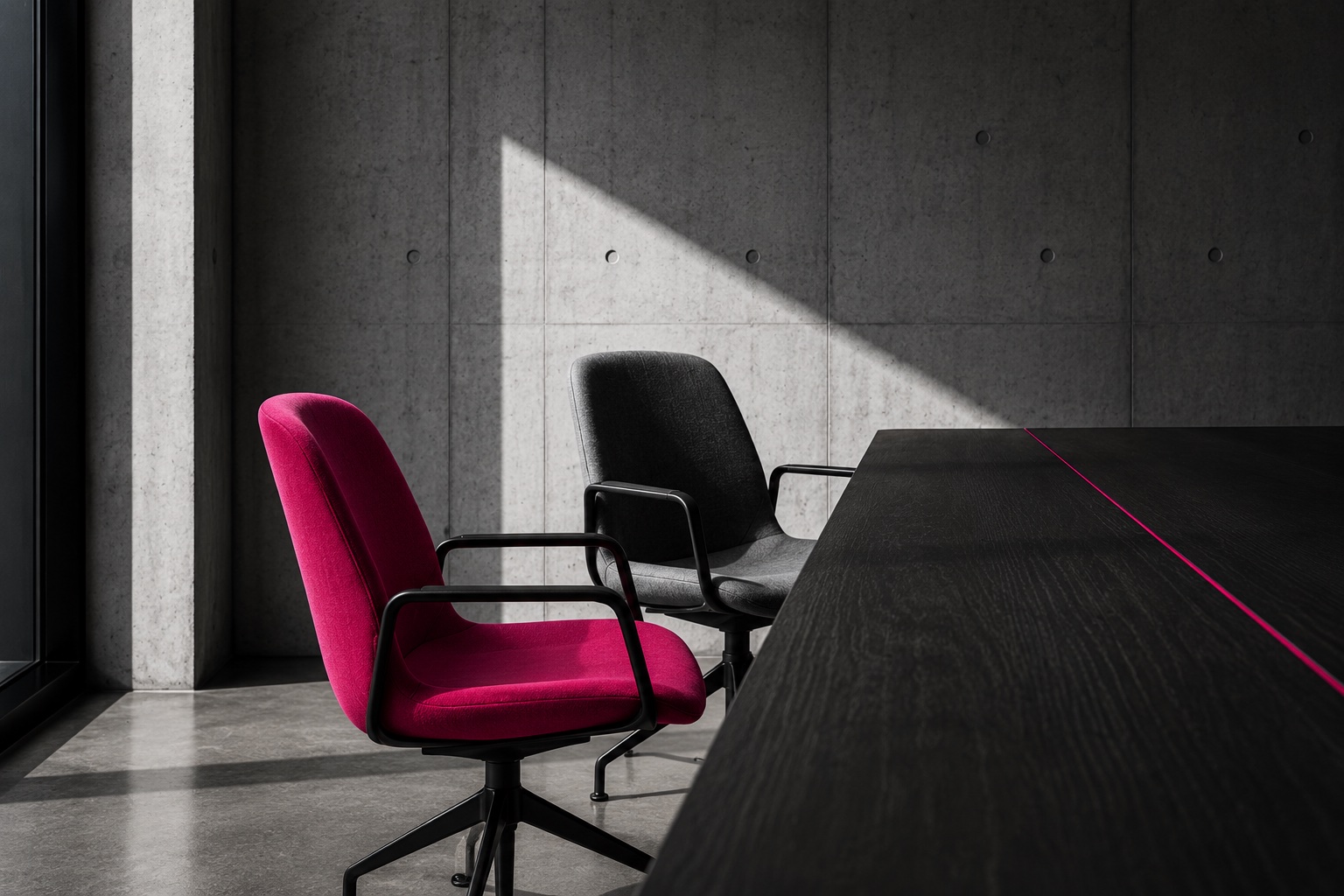 Two chairs at a conference table, one magenta and one charcoal.