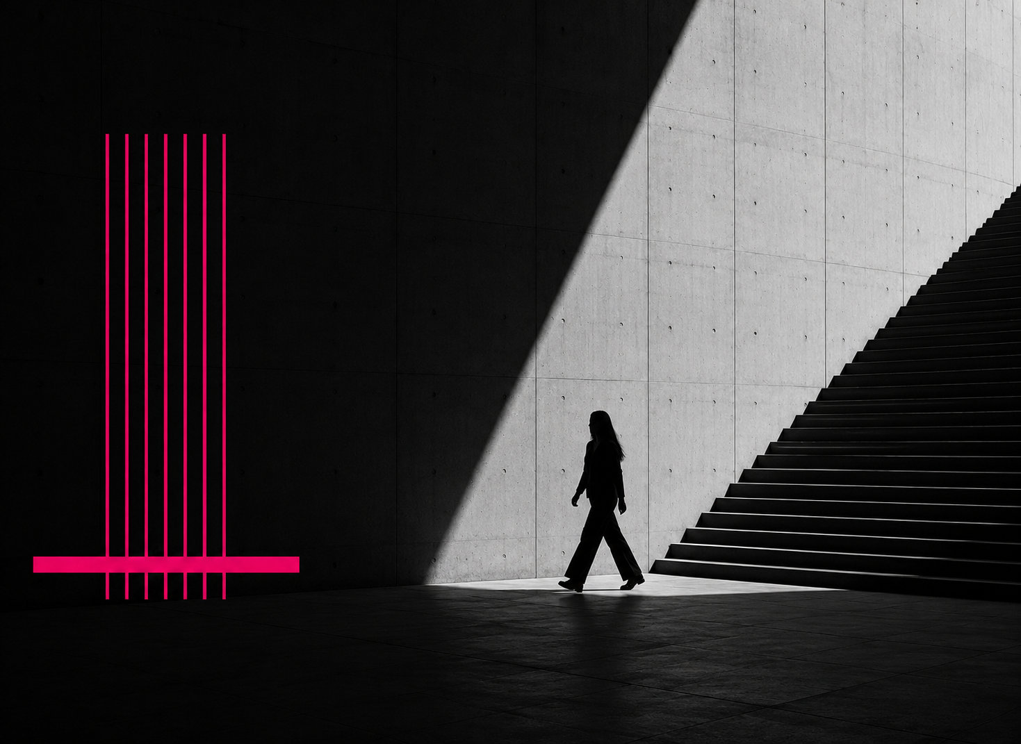 A figure walking up a concrete staircase