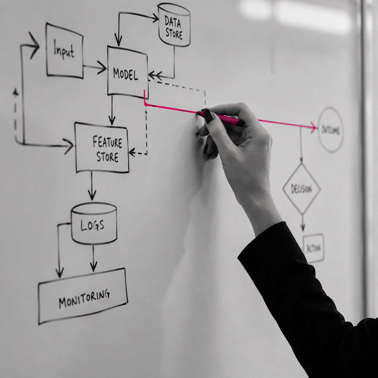 A hand drawing a system diagram on a whiteboard.